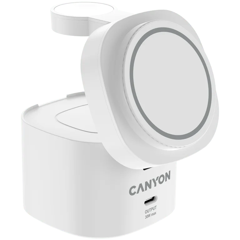 Безжична зарядна станция Canyon OnCharge 405, Qi2, 4-в-1, 15W, с 65W адаптер, бял