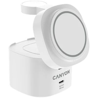 Безжична зарядна станция Canyon OnCharge 405, Qi2, 4-в-1, 15W, с 65W адаптер, бял