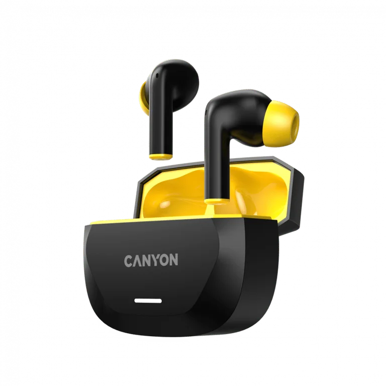 True Wireless слушалки CANYON Hexagon 7 BT 5.4 ANC ENC безжично зареждане черно/жълто