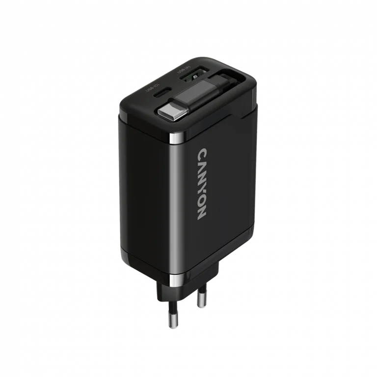 CANYON charger OnCharge 65RC Build-In Cable USB-C 65W 1xPD 1xQC EU Black