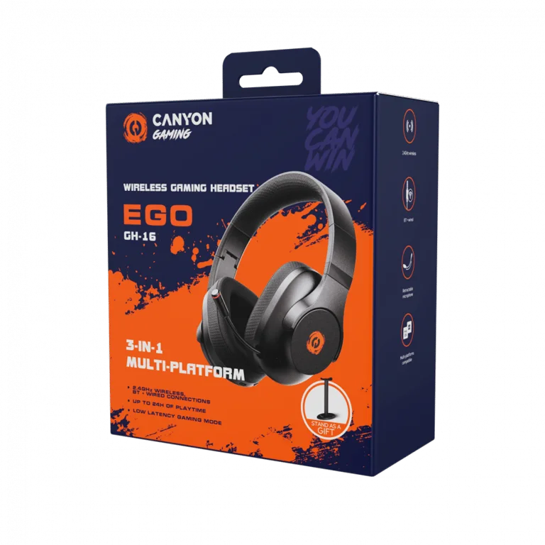 Гейминг слушалки CANYON – EGO GH-16, 3 режима на свързване, Bluetooth 5.3, 40 мм говорители, бели