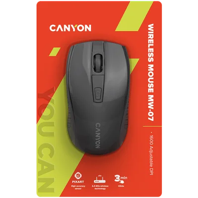 CANYON MW-7, 2.4Ghz wireless mouse, 6 buttons, DPI 800/1200/1600, with 1 AA battery ,size 110*60*37mm,58g,black
