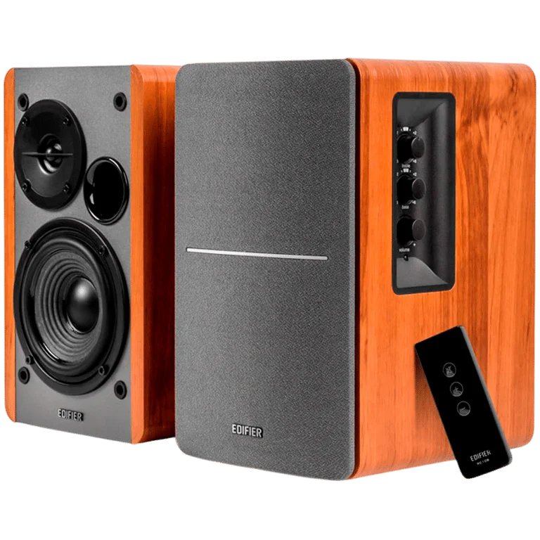 Edifier R1280T 2.0 Bookshelf Speakers, RCA, 0.5-inch Tweeters, 4-inch Drivers, 42W (RMS), Control Knobs and Remote Control, Brown