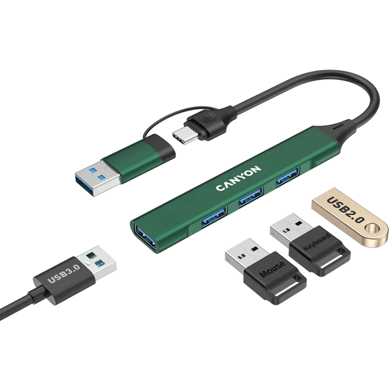 USB хъб CANYON DS-02 4 порта USB-A/USB-C Зелен