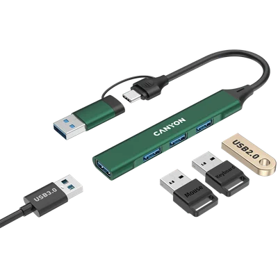 USB хъб CANYON DS-02 4 порта USB-A/USB-C Зелен