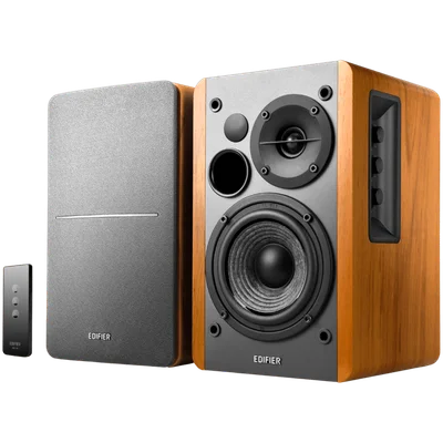 Edifier R1280T 2.0 Bookshelf Speakers, RCA, 0.5-inch Tweeters, 4-inch Drivers, 42W (RMS), Control Knobs and Remote Control, Brown