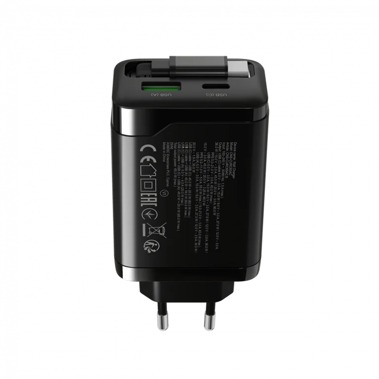 CANYON charger OnCharge 65RC Build-In Cable USB-C 65W 1xPD 1xQC EU Black