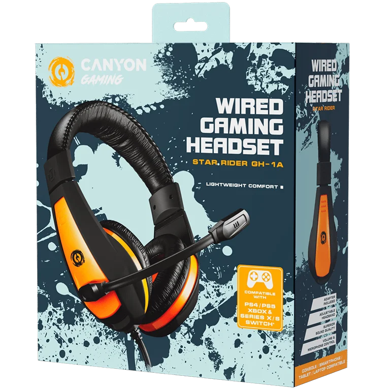 CANYON Star Raider GH-1A, Gaming headset 3.5mm jack with adjustable microphone and volume control, with 2in1 3.5mm adapter, cable 2M, Black, 0.23kg
