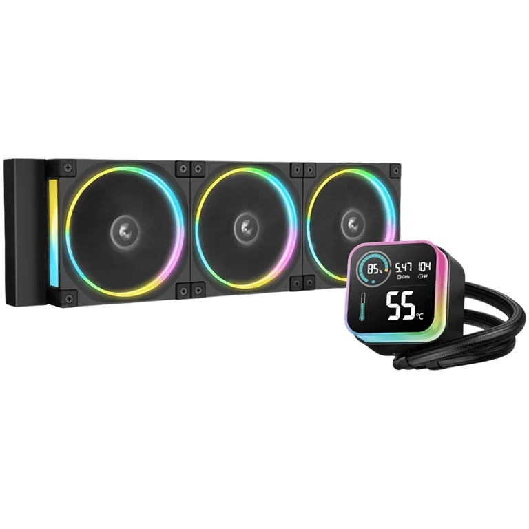 Охладителна система DeepCool LQ360 ULTRA ARGB 360mm, 3x120mm FL12 ARGB вентилатори, LED дисплей, Anti-Leak, черен, R-LQ360-BKASMC-G-1