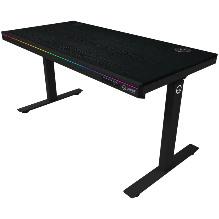 Dual-motor sit/stand adjustable-height gaming desk with wireless charger, RGB lighting, control panel, and USB ports, PB melamine surface tabletop, black.