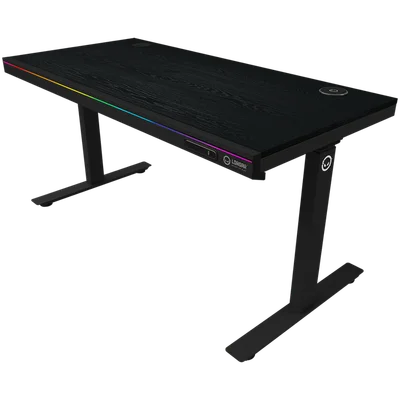 Dual-motor sit/stand adjustable-height gaming desk with wireless charger, RGB lighting, control panel, and USB ports, PB melamine surface tabletop, black.