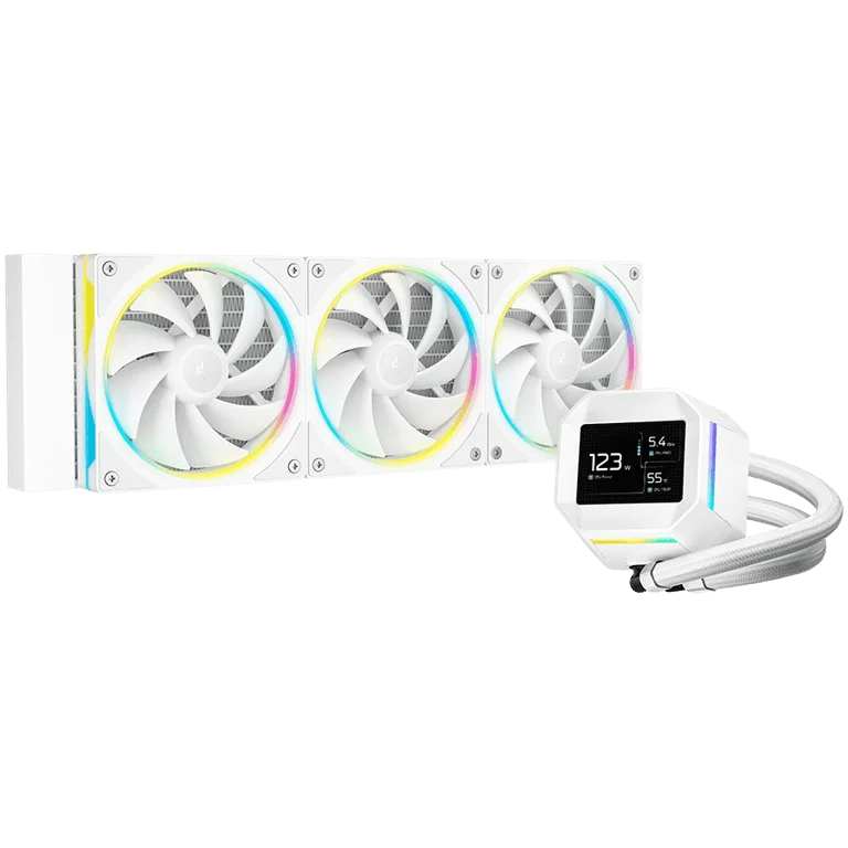 Охладител за процесор DeepCool LM360 WH, 360 мм, 2.4" LCD, 3x120 мм FL12 SE ARGB PWM, Fluid Dynamic Bearing, бял, Intel LGA1851/1700/1200/1151/1150/1155, AMD AM5/AM4, R-LM360-WHDMMC-1