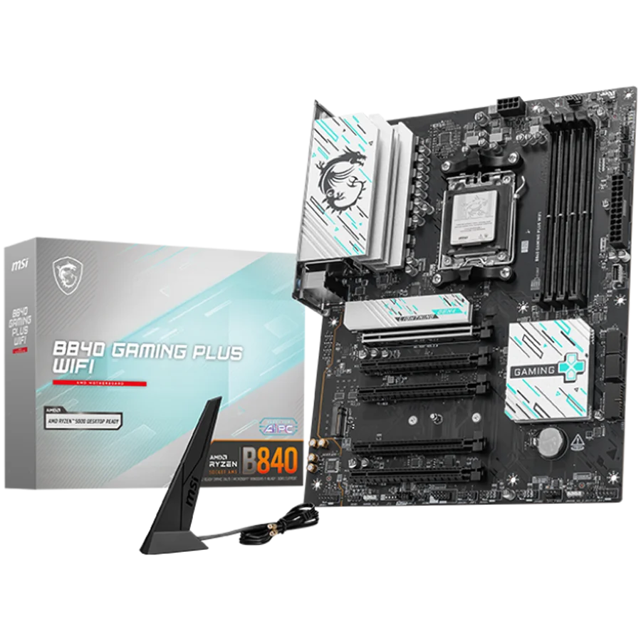 MSI B840 GAMING PLUS WIFI, ATX, Socket AM5, 4x DDR5 Dual Channel DDR5 up to 8000(OC)MHz, 5x PCIe x16 slot, 2x M.2 slot, 4x USB 2.0, 2x USB 5Gbps, 1x USB 10Gbps, 1x USB 10Gbps Type-C, HDMI, 7.1 HD Audio, 2.5G LAN, WiFi, BT, 3Y