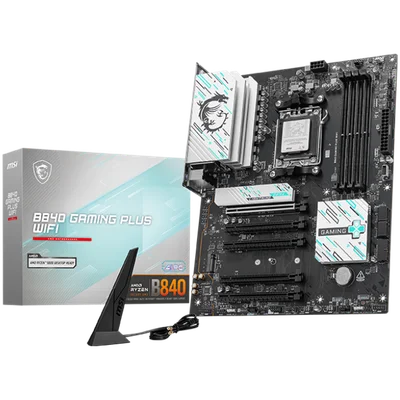 MSI B840 GAMING PLUS WIFI, ATX, Socket AM5, 4x DDR5 Dual Channel DDR5 up to 8000(OC)MHz, 5x PCIe x16 slot, 2x M.2 slot, 4x USB 2.0, 2x USB 5Gbps, 1x USB 10Gbps, 1x USB 10Gbps Type-C, HDMI, 7.1 HD Audio, 2.5G LAN, WiFi, BT, 3Y