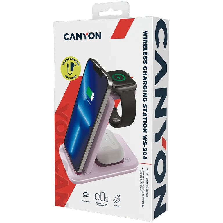 Безжично зарядно устройство Canyon WS-304 15W 3-в-1 Iced Pink