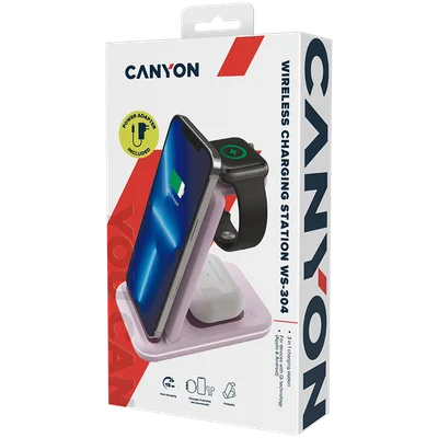 Безжично зарядно устройство Canyon WS-304 15W 3-в-1 Iced Pink