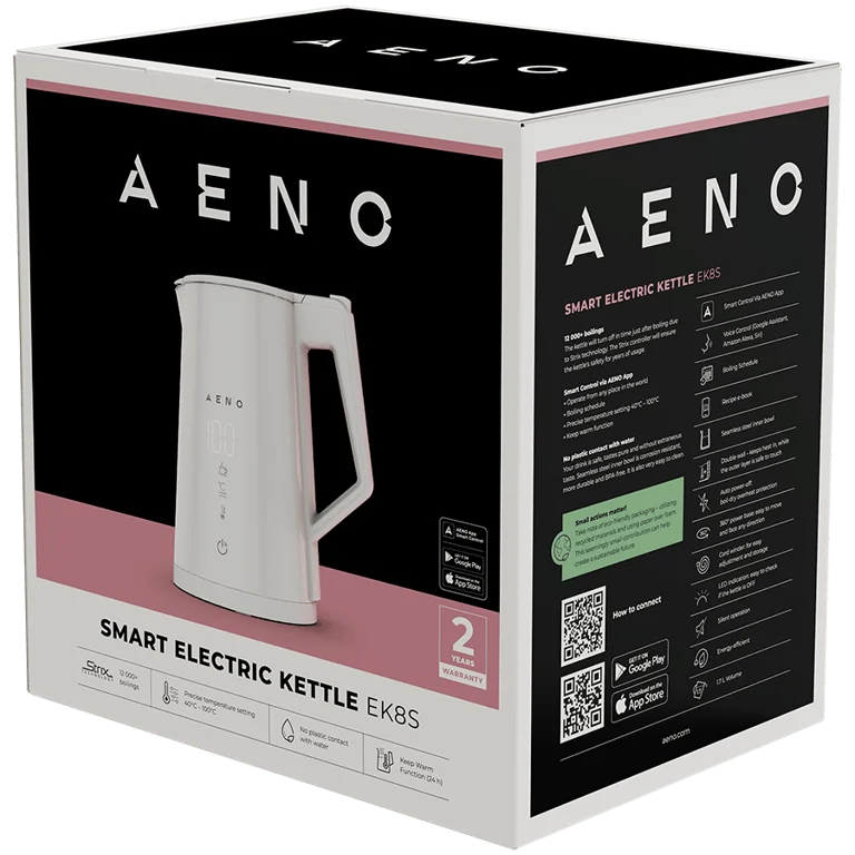 Електрическа кана AENO EK8S, 1.7L, 1850-2200W, Strix, двойни стени, Wi-Fi управление, LED дисплей, функция поддържане на топлина, контрол на температурата, бяла