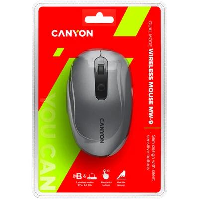 CANYON MW-9, 2 in 1 Wireless optical mouse with 6 buttons, DPI 800/1000/1200/1500, 2 mode(BT/ 2.4GHz), Battery AA*1pcs, Grey, 65.4*112.25*32.3mm, 0.092kg