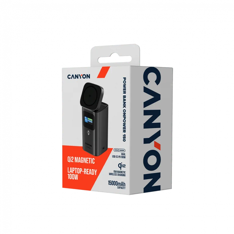 Външна батерия Canyon OnPower 150 15000mAh Qi2 магнитно безжично зареждане тъмно сива
