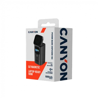 Външна батерия Canyon OnPower 150 15000mAh Qi2 магнитно безжично зареждане тъмно сива