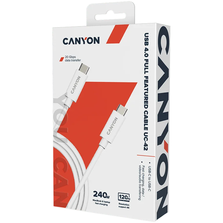 CANYON UC-42, cable, U4-CC-5A2M-E, USB4 TYPE-C to TYPE-C cable assembly 20G 2m 5A 240W(ERP) with E-MARK, CE, ROHS, white