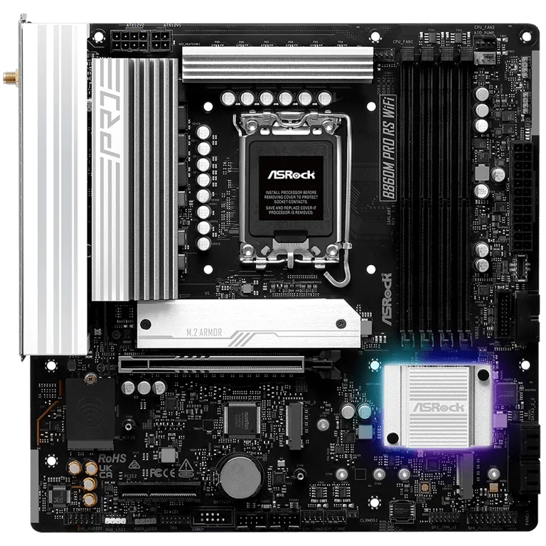 ASROCK MB Desktop B860M Pro Rs Wi-fi, S.1851, 4x DDR5, 1x PCIe 5.0 x16, 1x PCIe 4.0 x4, 1x Blazing M.2, 2x Hyper M.2, 4x SATA3, 2x USB-C, 8x USB 3.2, 6x USB 2.0, 1x RJ-45 2.5GB Lan, 802.11axe Wi-Fi 6E + Bluetooth 5.3, ATX