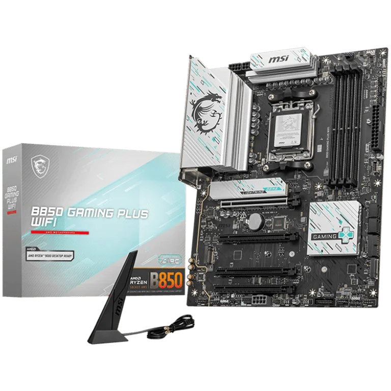 MSI B850 GAMING PLUS WIFI, ATX, Socket AM5, 4x DDR5 Dual Channel DDR5 up to 8200(OC)MHz, 4x PCIe 3.0 x16 slot, 3x M.2 slot, 4x USB 2.0, 1x USB 5Gbps, 1x USB 10Gbps, 2x USB 10Gbps Type-C, DP, 7.1 HD Audio, 5G LAN, WiFI 7, BT, 3Y