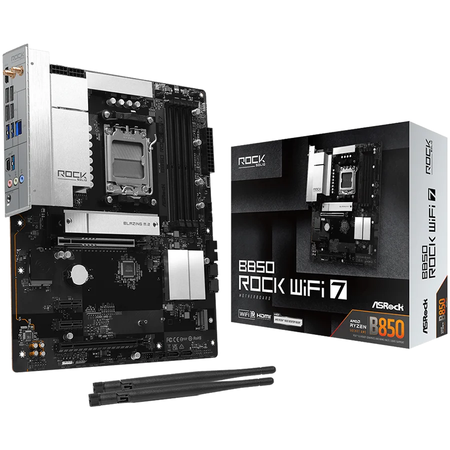 Дънна платка ASRock B850 Rock WiFi 7 ATX, Socket AM5, DDR5, PCIe 5.0, Wi-Fi 7, Bluetooth 5.4