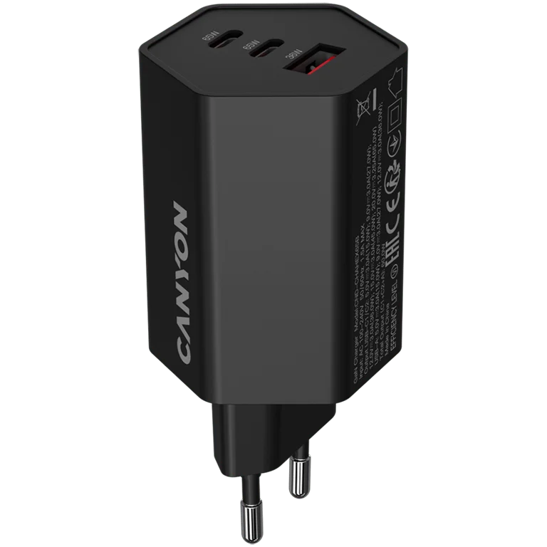 Захранващ адаптер CANYON HEXAGON 65 GaN 65W 2xUSB-C 1xUSB-A EU Черен