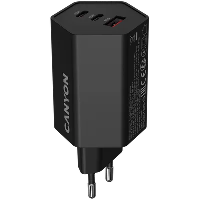 Захранващ адаптер CANYON HEXAGON 65 GaN 65W 2xUSB-C 1xUSB-A EU Черен