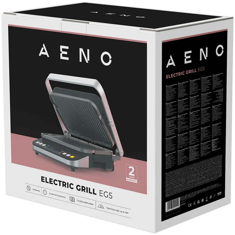 AENO ''Electric Grill EG5: 2000W, 2 heating modes - Lower Grill, Both Grills, 6 preset programs, Defrost, Max opening angle -180°, Temperature regulation, Timer, Removable double-sided plates, Plate size 320*220mm''