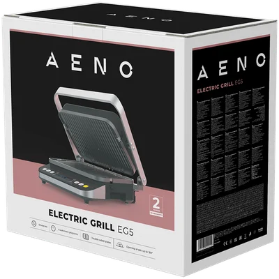 AENO ''Electric Grill EG5: 2000W, 2 heating modes - Lower Grill, Both Grills, 6 preset programs, Defrost, Max opening angle -180°, Temperature regulation, Timer, Removable double-sided plates, Plate size 320*220mm''