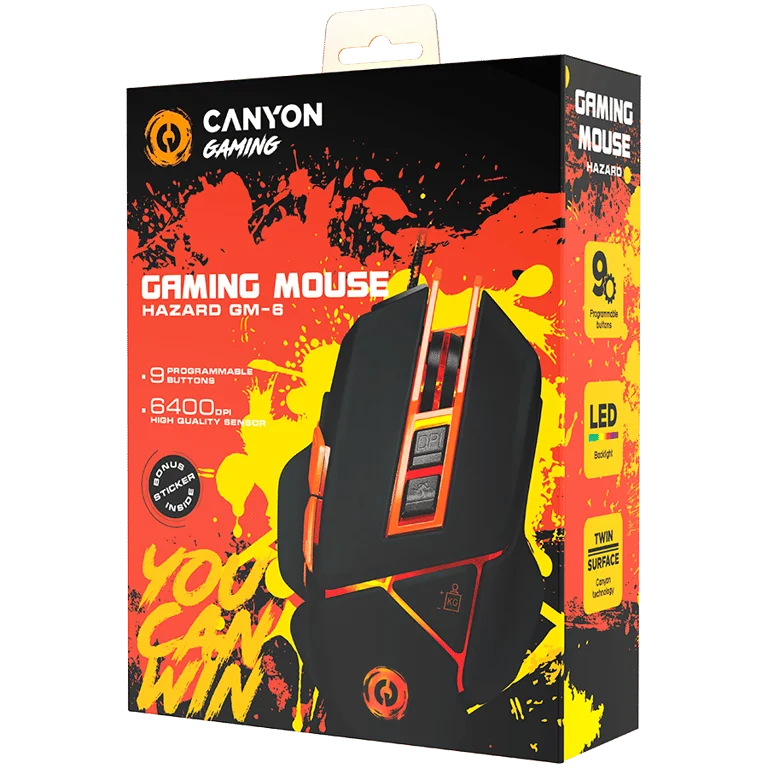 CANYON Optical gaming mouse, adjustable DPI setting 800/1000/1200/1600/2400/3200/4800/6400, LED backlight, moveable weight slot and retractable top cover for comfortable usage