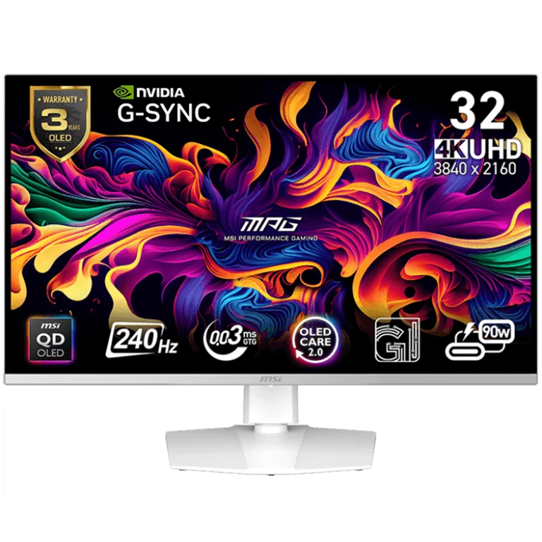 Монитор MSI MPG 321URXW QD-OLED 31.5" 4K UHD, 240Hz, QD-OLED, 0.03ms, G-SYNC, регулируема стойка, USB хъб, Бял
