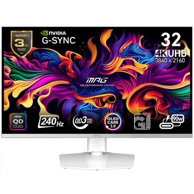 Монитор MSI MPG 321URXW QD-OLED 31.5" 4K UHD, 240Hz, QD-OLED, 0.03ms, G-SYNC, регулируема стойка, USB хъб, Бял