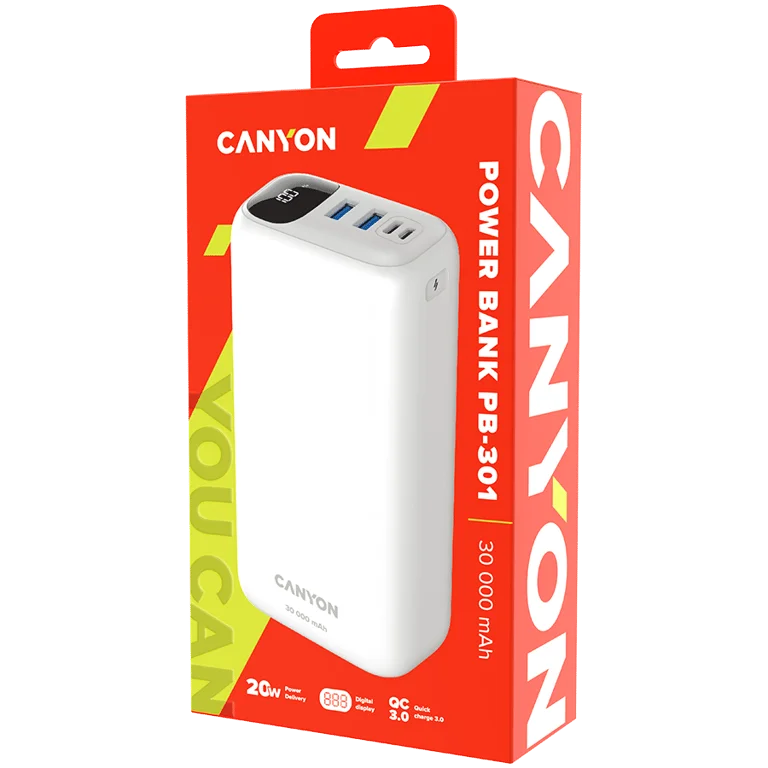 Външна батерия Canyon PB-301 30000 mAh LED PD 20W QC 3.0 Бяла