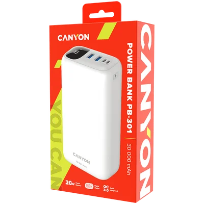 Външна батерия Canyon PB-301 30000 mAh LED PD 20W QC 3.0 Бяла