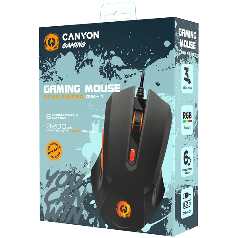 Гейминг мишка CANYON – Star Raider GM-1, 3200 dpi, 6 бутона, RGB, черна
