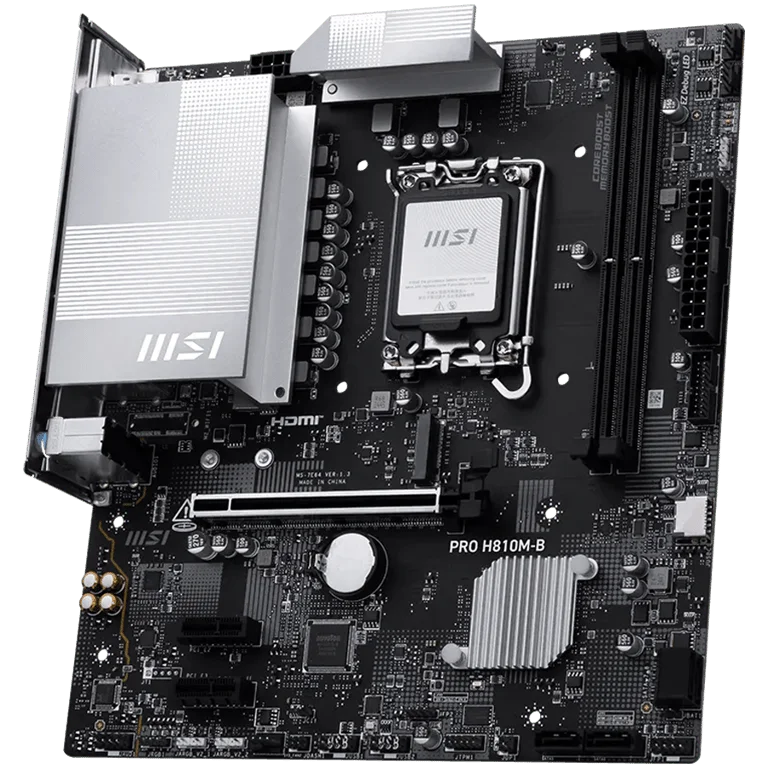 MSI PRO H810M-B, mATX, LGA 1851, 2x DDR5 Dual Channel DDR5 up to 6400(OC)MHz, 1x PCIe x16 slot, 1x M.2 slot, 4x USB 2.0, 2x USB 5Gbps, HDMI, DP, 7.1 HD Audio, 2.5G LAN, 3Y
