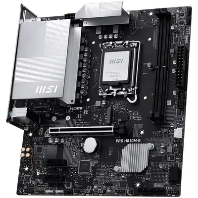 MSI PRO H810M-B, mATX, LGA 1851, 2x DDR5 Dual Channel DDR5 up to 6400(OC)MHz, 1x PCIe x16 slot, 1x M.2 slot, 4x USB 2.0, 2x USB 5Gbps, HDMI, DP, 7.1 HD Audio, 2.5G LAN, 3Y