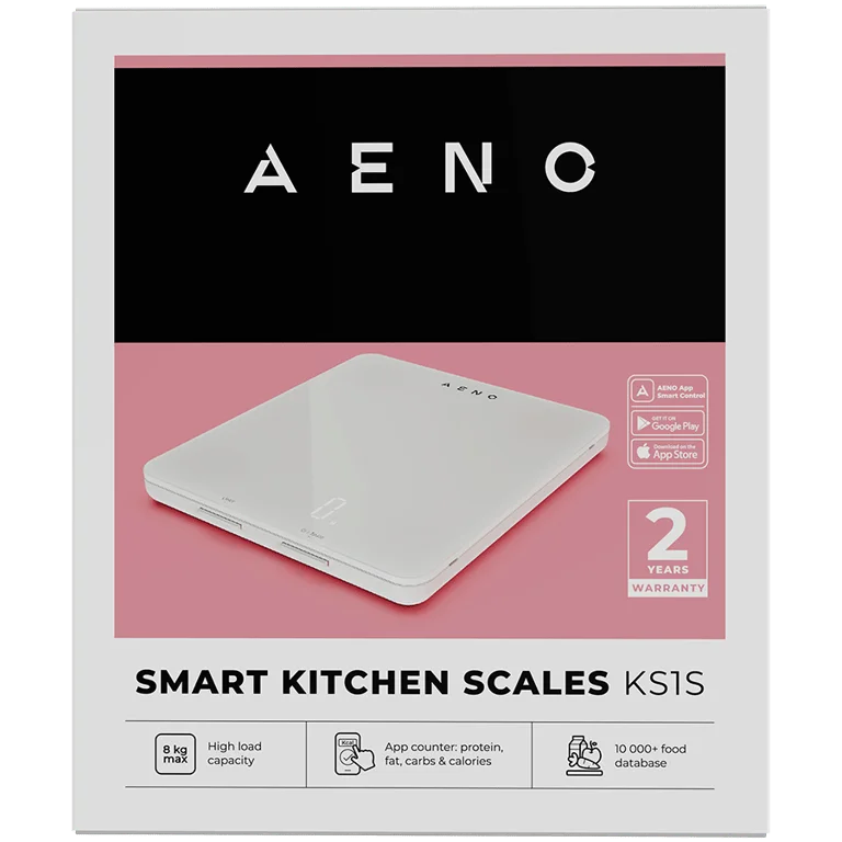 AENO Kitchen Scale KS1S Smart, Max load - 8 kg, Bluetooth, 10,000+ products & meals, 25 indicators analysis, Coffee mode, 6 unit conversion: kg, g, lb, fl, oz, ml, Material - glass