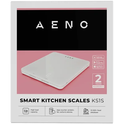 AENO Kitchen Scale KS1S Smart, Max load - 8 kg, Bluetooth, 10,000+ products & meals, 25 indicators analysis, Coffee mode, 6 unit conversion: kg, g, lb, fl, oz, ml, Material - glass