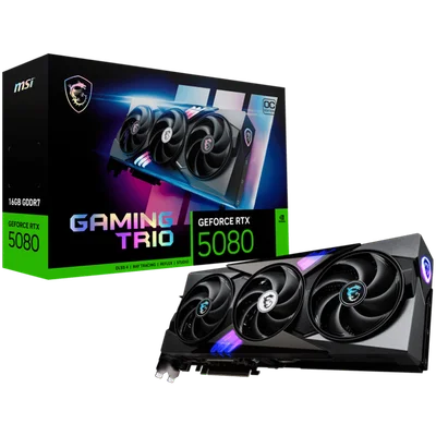 MSI Video Card Nvidia GeForce RTX 5080 16G GAMING TRIO OC, 16GB GDDR7, 256bit, Effective Memory Clock: 30000MHz, Boost: 2617 MHz, 10752 CUDA Cores, PCIe 5.0, 3x DP 2.1a, HDMI 2.1b, RAY TRACING, Triple Fan, 1x16pin, 850W Recommended PSU, 3Y