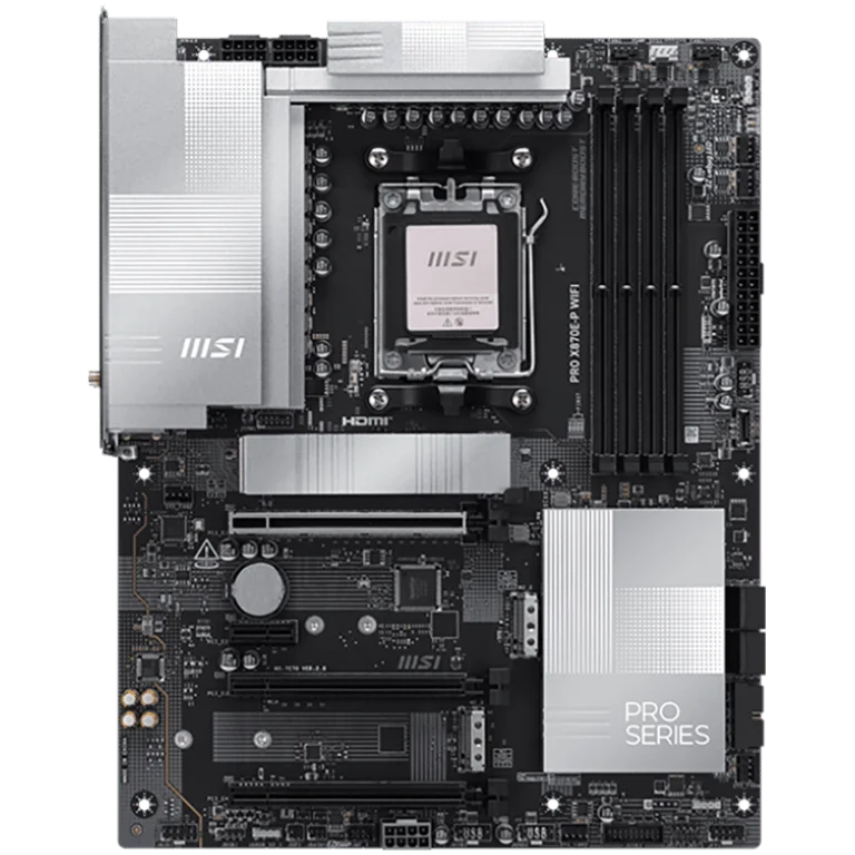 MSI PRO X870E-P WIFI, ATX, Socket AM5, 4x DDR5 Dual Channel DDR5 up to 8200(OC)MHz, 3x PCIe x16 slot, 3x M.2 slot, 4x USB 2.0, 2x USB 5Gbps, 2x USB 10Gbps, 1x 20Gbps Type-C, 1x 40Gbps Type-C, HDMI, 7.1 HD Audio, 5G LAN, WiFI 7, BT, 3Y
