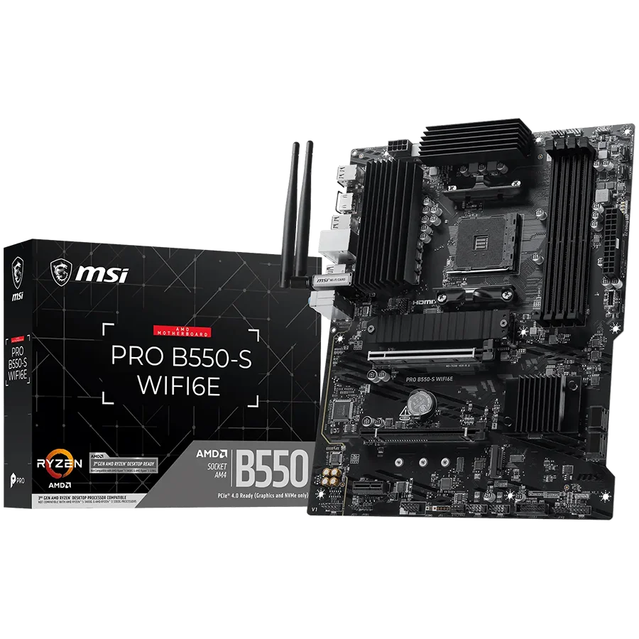 MSI PRO B550-S WIFI6E, ATX, Socket AM4, 4 DIMM, Dual Channel DDR4 up to 4800+(OC)MHz, 1x PCIe 4.0 x16, 1x PCIe 3.0 x4, 1x PCIe 3.0 x1, 2x M.2, 4x SATA3, 2x USB 3.2 Gen 2, 5x USB 3.2 Gen 1, 8x USB 2.0, 1x HDMI, 1G LAN, WIFI6E, BT 5.3, 7.1 Audio, 3Y