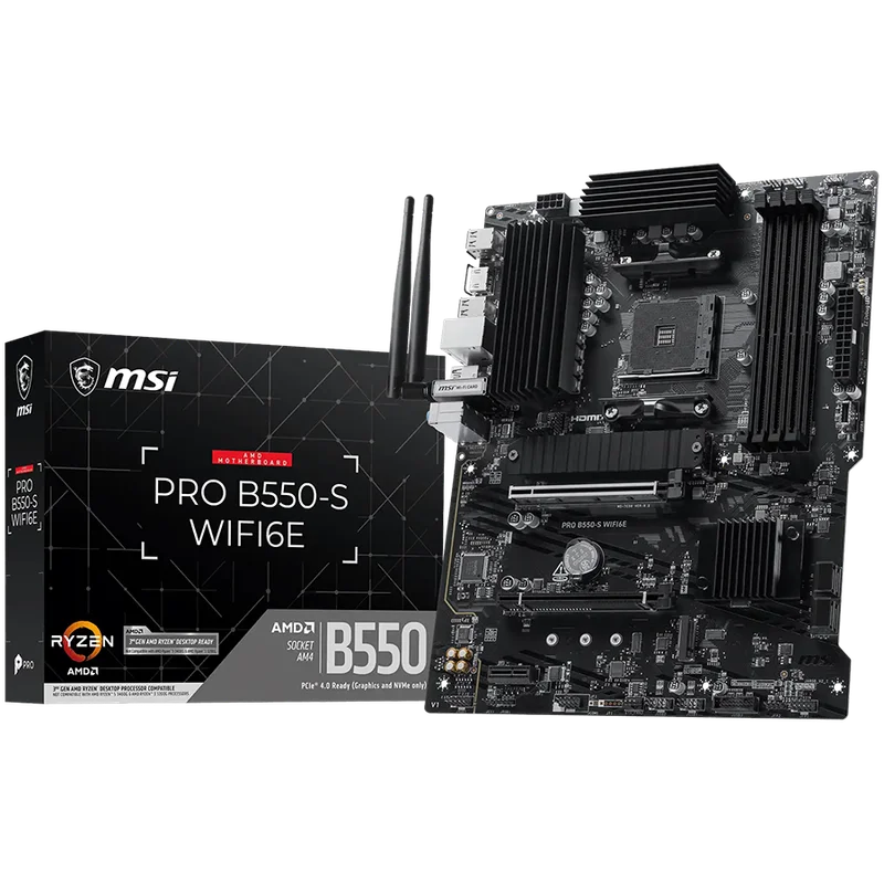 MSI PRO B550-S WIFI6E, ATX, Socket AM4, 4 DIMM, Dual Channel DDR4 up to 4800+(OC)MHz, 1x PCIe 4.0 x16, 1x PCIe 3.0 x4, 1x PCIe 3.0 x1, 2x M.2, 4x SATA3, 2x USB 3.2 Gen 2, 5x USB 3.2 Gen 1, 8x USB 2.0, 1x HDMI, 1G LAN, WIFI6E, BT 5.3, 7.1 Audio, 3Y