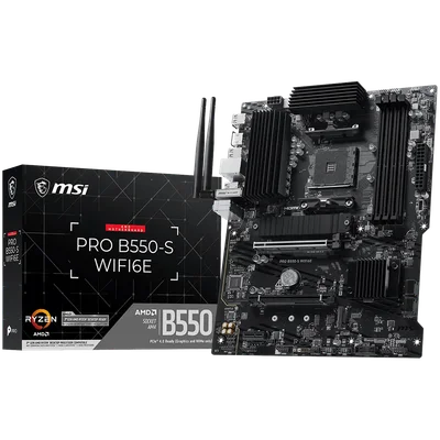MSI PRO B550-S WIFI6E, ATX, Socket AM4, 4 DIMM, Dual Channel DDR4 up to 4800+(OC)MHz, 1x PCIe 4.0 x16, 1x PCIe 3.0 x4, 1x PCIe 3.0 x1, 2x M.2, 4x SATA3, 2x USB 3.2 Gen 2, 5x USB 3.2 Gen 1, 8x USB 2.0, 1x HDMI, 1G LAN, WIFI6E, BT 5.3, 7.1 Audio, 3Y