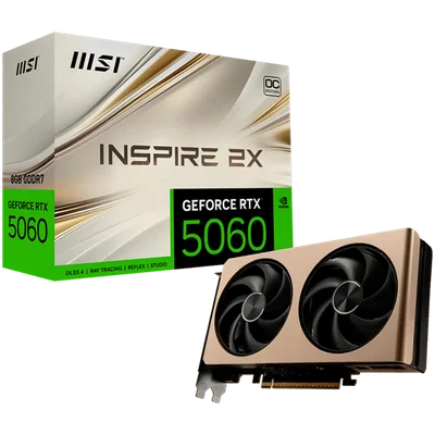 MSI Video Card NVIDIA GeForce RTX 5060 8G INSPIRE 2X OC, 8GB GDDR7, 128-bit, 2535 MHz Boost, 3840 CUDA Cores, PCIe 5.0 (x8), 3x DP 2.1b, HDMI 2.1b, RAY TRACING, Dual Fan, 145W TDP, 8-pin PCIe Power, G-SYNC, 2-Slot, 3Y