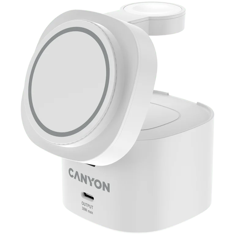 Безжична зарядна станция Canyon OnCharge 405, Qi2, 4-в-1, 15W, с 65W адаптер, бял