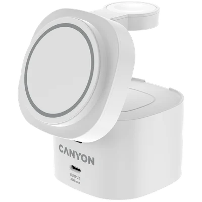 Безжична зарядна станция Canyon OnCharge 405, Qi2, 4-в-1, 15W, с 65W адаптер, бял